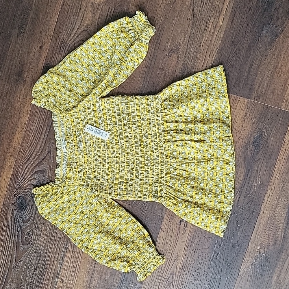 NWT MAX STUDIO Yellow Patterned Puff Sleeve Square Neck Peplum Top XS